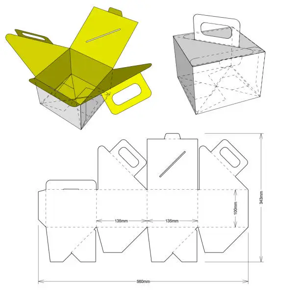 Vector illustration of Folding Box With Handle and Die-cut Pattern. The .eps file is full scale and fully functional. Prepared for real cardboard production.