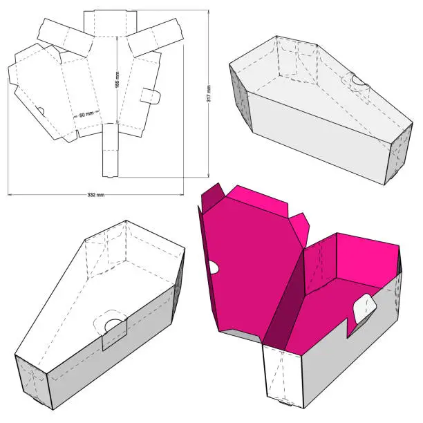 Vector illustration of Coffin Box Self Asembly (with out needing a glue) and Die-cut Pattern. The .eps file is full scale and fully functional. Prepared for real cardboard production.