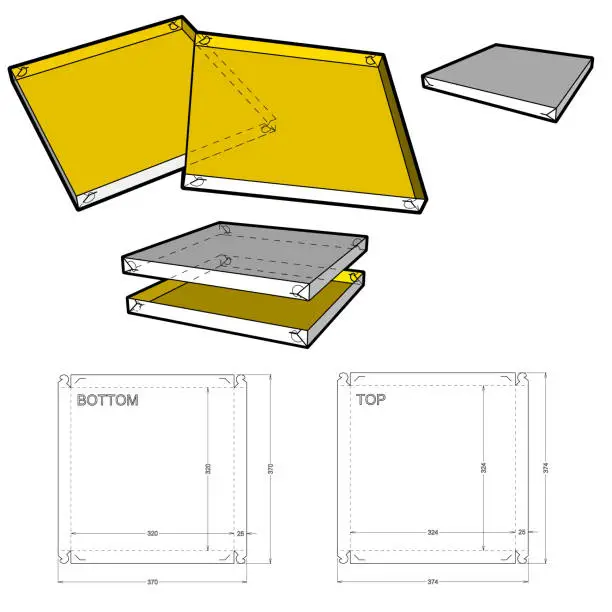 Vector illustration of Top and Bottom box (Internal measurement 32x32x2,5cm) and Die-cut Pattern. Ease of assembly, no need for glue. The .eps file is full scale and fully functional. Prepared for real cardboard production.