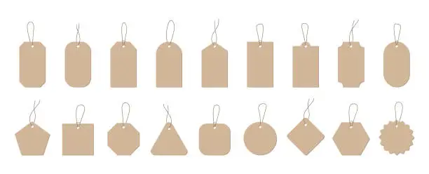 Vector illustration of Set of blank price tags. Shopping paper labels with rope. Blank labels for discount and sale. Gift tags in different shapes. Vector illustration.