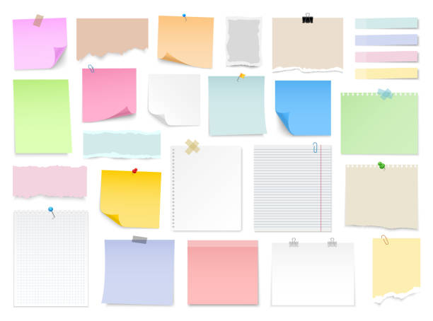 ilustrações de stock, clip art, desenhos animados e ícones de note paper with pin, binder clip, push pin, adhesive tape and tack. blank sheet, sticky note, torn piece of paper and notebook page. templates for a note message. vector illustration. - stationary document business paper clip