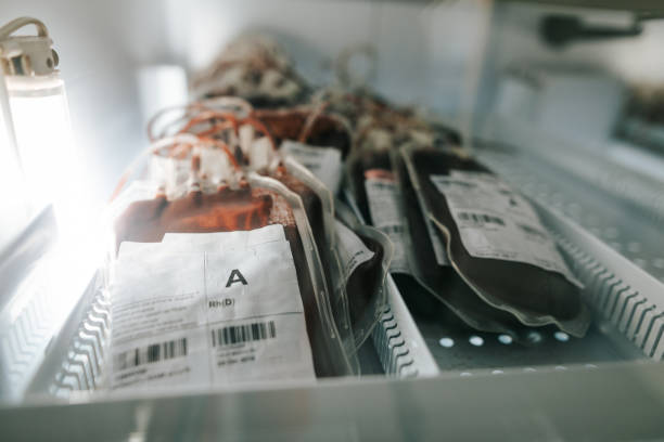 blood bags with a blood type in a box - bloedbank stockfoto's en -beelden