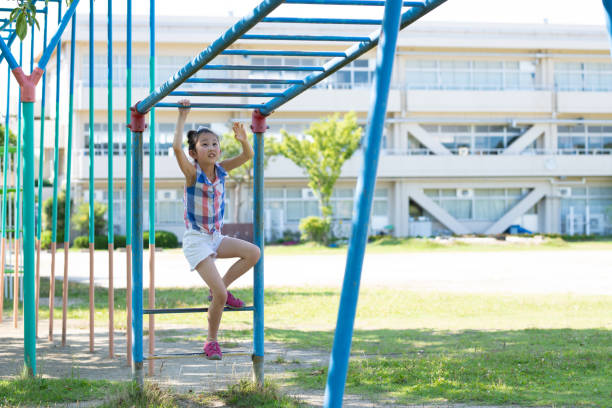 Girl playing with playset in the schoolyard