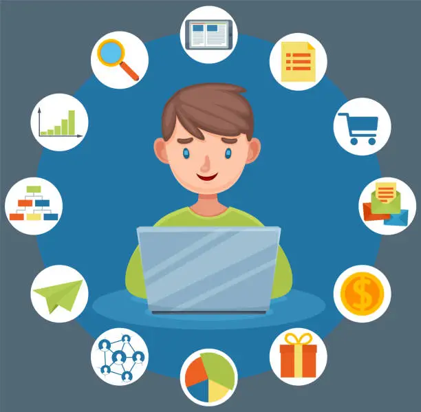 Vector illustration of Kid creativity, mindmap and brainstorm vector illustration on blue background teenager at laptop