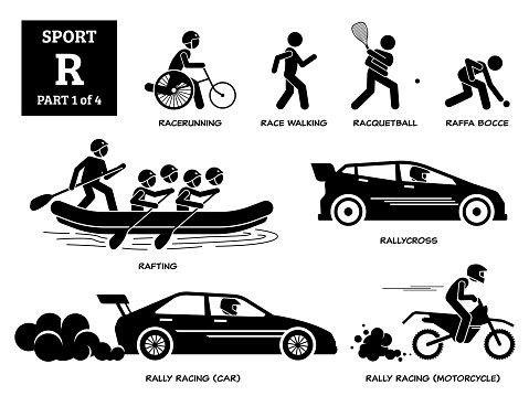 Racerunning, race walking, racquetball, raffa bocce, rafting, rallycross, rally racing car, and rally racing motorcycle.