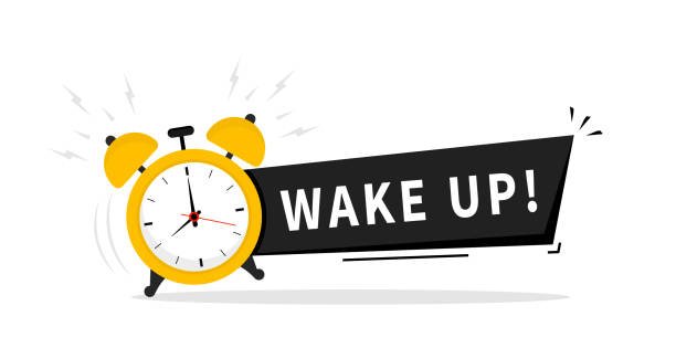 目を覚ますアイコン。おはようございます、目覚まし時計が鳴り、朝が目を覚ます。目覚まし時計の呼び出しと式のスピーチバブルとウェイクアップテキストとアイコン。時間モチベーショ� - wake点のイラスト素材／クリップアート素材／マンガ素材／アイコン素材