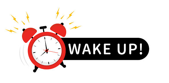 Wake up icon. Good morning, alarm clock ringing and mornings wakes. Icon with alarm clock call and expression speech bubble with wake up text. Waking up time motivation card or inspiration wake slogan