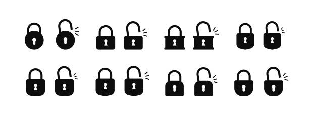 ilustrações de stock, clip art, desenhos animados e ícones de lock icons set. black isolated icons of locked and unlocked lock on white background. silhouette of locked and unlocked castle. protection icon. flat style. vector illustration - lock