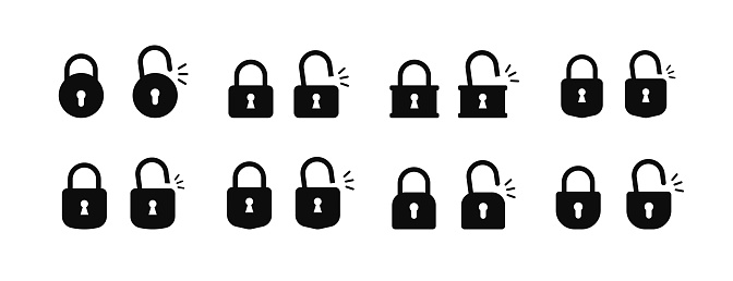 Lock icons set. Black isolated icons of locked and unlocked lock on white background. Silhouette of locked and unlocked castle. Protection icon. Flat style. Vector illustration