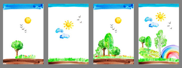 istock Watercolor hand drawn naive kids drawing with rainbow, sun, sky, birds, tree, grass 1330372103