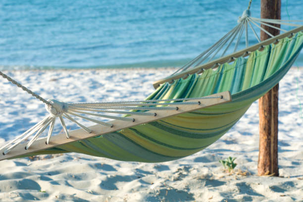 istock Empty hammock by the sea. Rest in the tropics. 1330375025
