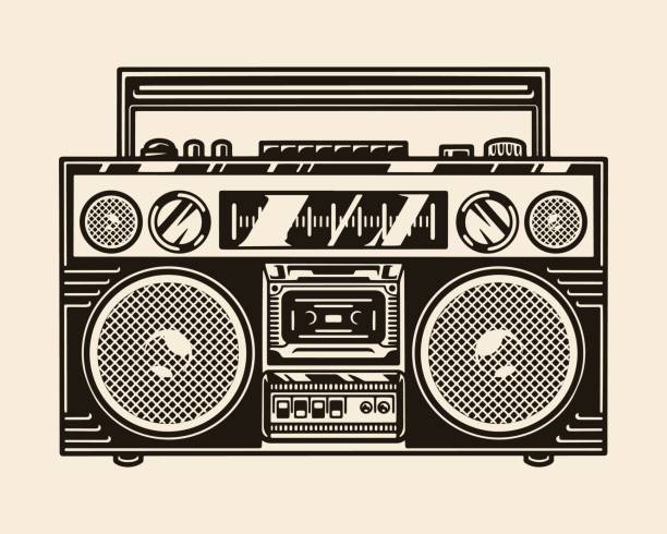 Vintage portable boombox template Vintage portable boombox template in monochrome style isolated vector illustration boom box stock illustrations