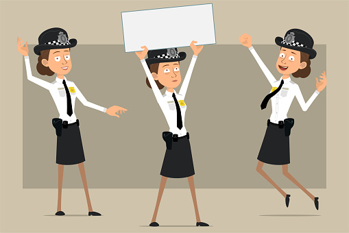 Cartoon flat funny british policeman woman character in black hat and uniform with badge. Girl jumping and holding empty sign for text. Ready for animation. Isolated on gray background. Vector set.