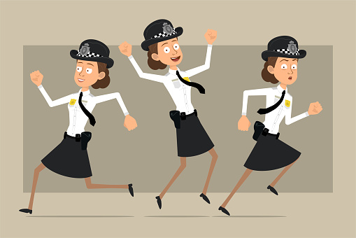 Cartoon flat funny british policeman woman character in black hat and uniform with badge. Girl jumping up and running forward. Ready for animation. Isolated on gray background. Vector set.