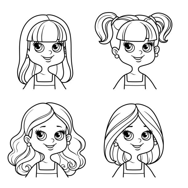 illustrations, cliparts, dessins animés et icônes de jolie fille de dessin animé quatre options de coiffure contour pour la coloration sur un fond blanc - little girls only child babies and children people