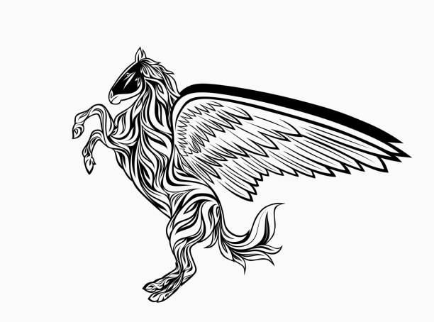 날개가 있는 말은 페가수스를 고립시다. 벡터 신화 동물, 종마 문신 전령 실루엣 - unicorn horse celtic culture tattoo stock illustrations
