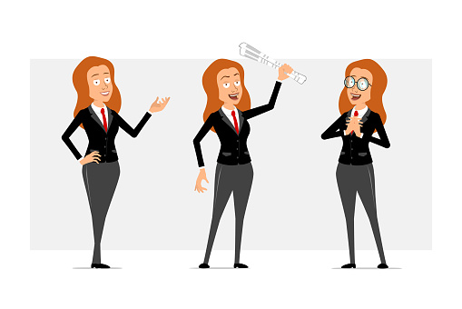 Cartoon flat funny redhead business woman character in black suit with red tie. Girl posing on photo and holding newspaper. Ready for animation. Isolated on gray background. Vector set.