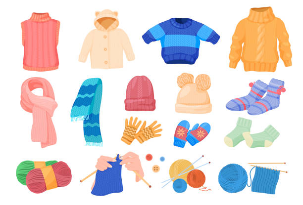 Collection of comfortable knitted things vector flat illustration warm comfy accessories and garment Collection of different comfortable knitted things vector flat illustration. Set of warm comfy accessories and garment for children or adults isolated on white. Handmade, needlework, workshop Knitted Gloves stock illustrations
