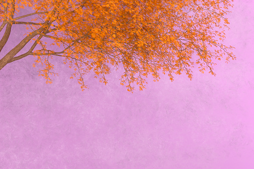Branches of a tree with yellowed leaves near a lilac concrete wall. Autumn wallpaper illustration. 3D Render.