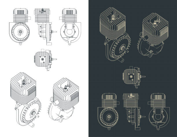 Two stroke engine Blueprints Stylized vector illustration of blueprints of two stroke engine motorcycle drawings stock illustrations