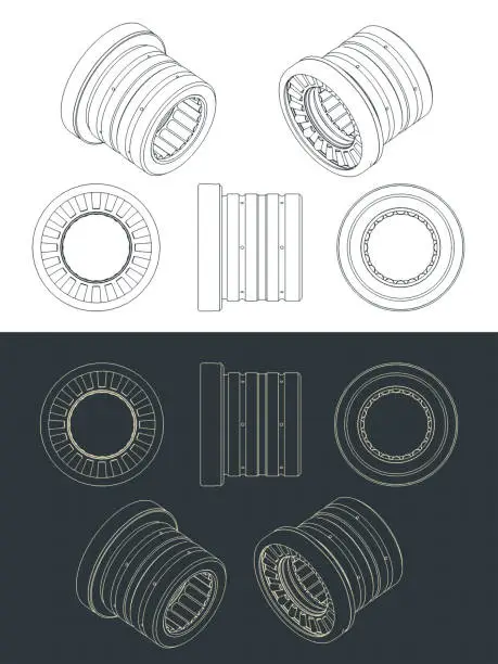 Vector illustration of Tappered cylindrical roller bearing drawings