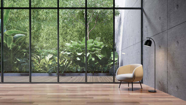 열대 녹색 식물 벽 배경 3d 렌더링빈 유리 룸 - window contemporary showcase interior architecture 뉴스 사진 이미지