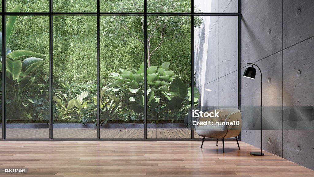 Empty glass room with tropical green plant wall background 3d render Empty glass room with tropical green plant wall background 3d render, There are wooden floor and concrete wall decorate with white fabric louge chair Window Stock Photo
