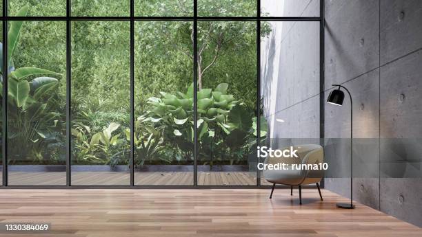 Empty Glass Room With Tropical Green Plant Wall Background 3d Render Stock Photo - Download Image Now