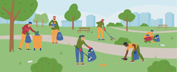 Vector banner with young people who clean up trash at city park. Banner with young people who clean up trash at city park. Male and female volunteers collect garbage into rubbish sacks. Concept of care for cleanliness ecology and environment. environmental cleanup stock illustrations