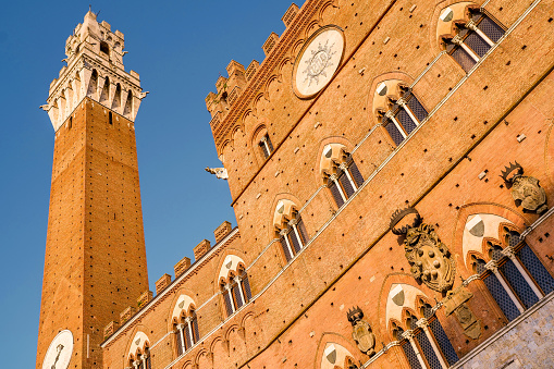 A suggestive sunset light illuminates the facade of the Palazzo Pubblico (Town Hall) and the majestic Torre del Mangia (Mangia's Tower) in the famous Piazza del Campo, in the heart of the medieval city of Siena, in central Italy. Built starting in 1290 for the seat of the Council of Nine and the executive power of the Sienese city, the majestic Palazzo Pubblico is still the seat of the municipal government. Center of the ancient medieval life since 1169, the Piazza del Campo or simply Il Campo is one of the most beautiful and famous squares in the world for its particular shell shape. In front of this palace, every year the seventeen ancient districts of Siena compete in the Palio, one of the oldest horse races in the world, during a representation of the medieval and historical celebrations of the city. Siena is one of the most beautiful Italian cities of art, in the heart of the Tuscan hills, visited for its immense artistic and historical heritage and for its famous popular traditions. Since 1995 the historic center of Siena has been declared a World Heritage Site by UNESCO. Image in high definition format.
