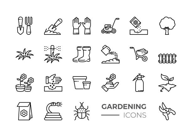 ilustrações de stock, clip art, desenhos animados e ícones de simple set of gardening related vector line icons. contains such icons as auto watering, seeding, garden tools and more. - insecticide organic sign vegetable garden