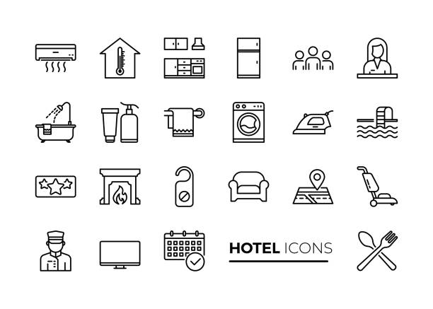 illustrazioni stock, clip art, cartoni animati e icone di tendenza di set semplice di icone della linea vettoriale correlate all'hotel. contiene icone come calendario data disponibile, articoli da toeletta, dimensioni della stanza e altro ancora. - cleaning silhouette people residential district