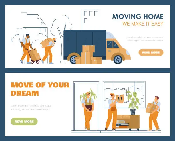 Vector illustration of Banners with scenes of relocation to new business office or moving in new housing