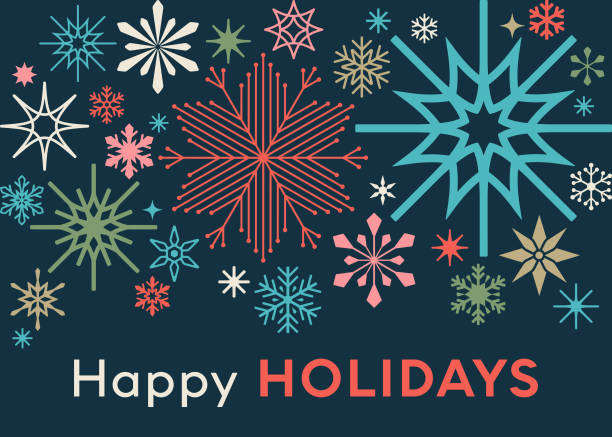 ilustraciones, imágenes clip art, dibujos animados e iconos de stock de fondo gráfico moderno de la tarjeta de vacaciones de copo de nieve - happy holidays