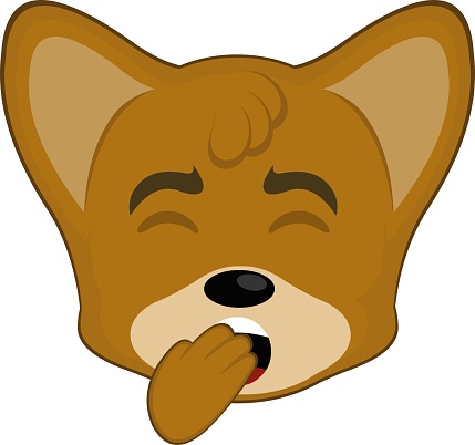 Vector emoticon illustration cartoon of a fox´s head with a tired expression, yawning, covering his mouth with his hand