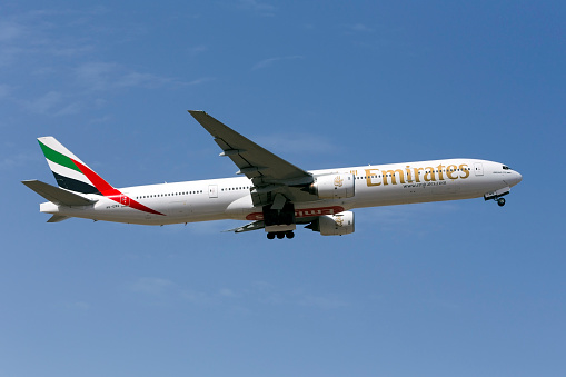 Luqa, Malta June 16, 2016: Emirates Boeing 777-31H [A6-EMQ] on departure runway 13 to Dubai.