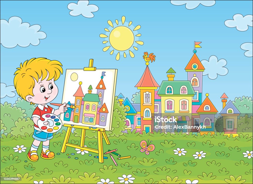 Anak Kecil Menggambar Kota Yang Cukup Kecil Ilustrasi Stok - Unduh