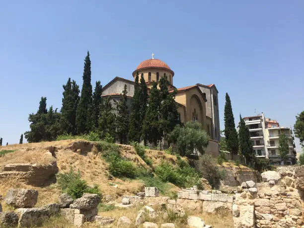 Photo of The Church of Holy Trinity at Kerameikos, also known as Ceramicus, in Athens, Greece. It was the potters' quarter of the city and was also the site of an important cemetery and numerous funerary sculptures erected along the Sacred Way.