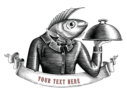The waiter fish man  hand draw vintage engraving style black and white clipart isolated on white background