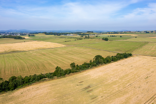 The view from a drone of fields in rural Scotland on a bright summer morning