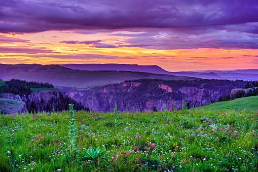 Deep Creek Canyon Sunset Landscape - Flat Tops mountains Colorado summer view with dramatic sky.