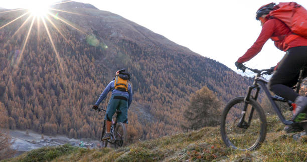 istock Mountain biking couple ride through grassy meadow 1330399860