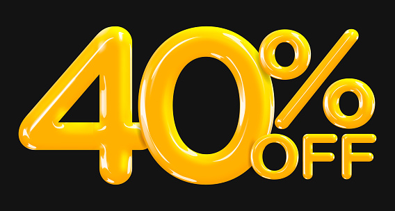 40 percent Off. Discount creative composition of golden or yellow balloons. 3d mega sale or forty percent bonus symbol on black background. Sale banner and poster. Vector illustration.