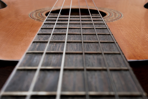 Acoustic guitar detail on white isolated background