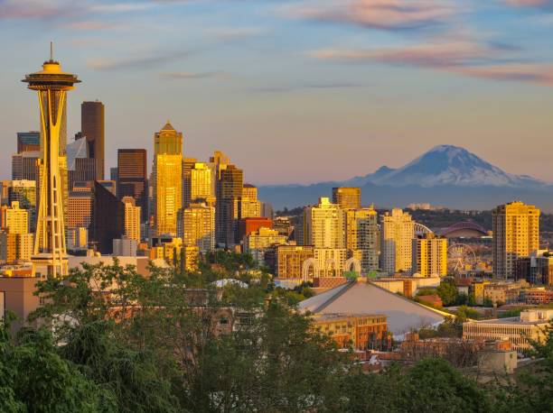 golden seattle skyline and mount rainier - seattle night skyline architecture and buildings imagens e fotografias de stock