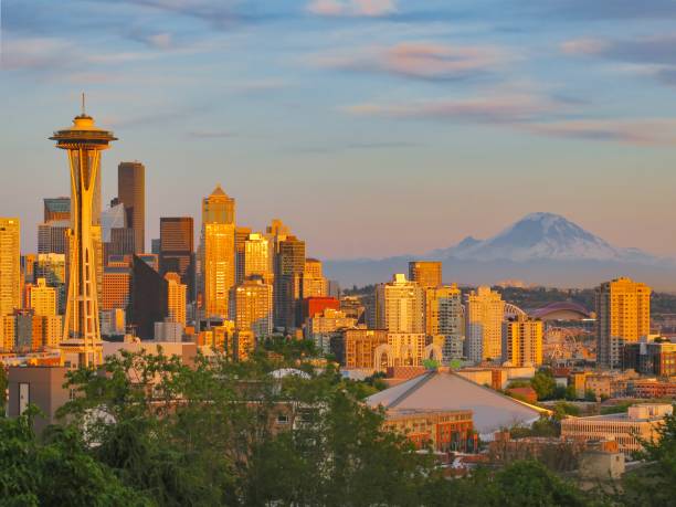 golden seattle skyline and mount rainier - seattle night skyline architecture and buildings imagens e fotografias de stock