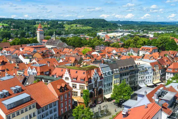 Panorama of Ravensburg, Baden-Wurttemberg, Germany, Europe. Aerial view of houses of Ravensburg city in summer. Scenery of old Swabian town in Alpine green valley. Concept of travel and vacation.