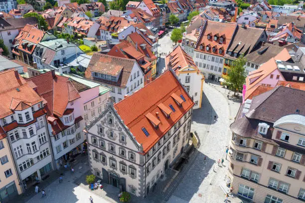 Ravensburg downtown, Baden-Wurttemberg, Germany, Europe. Aerial view of old houses of Ravensburg city in summer. Panorama of traditional Swabian town. Concept of travel and tourism in Germany.