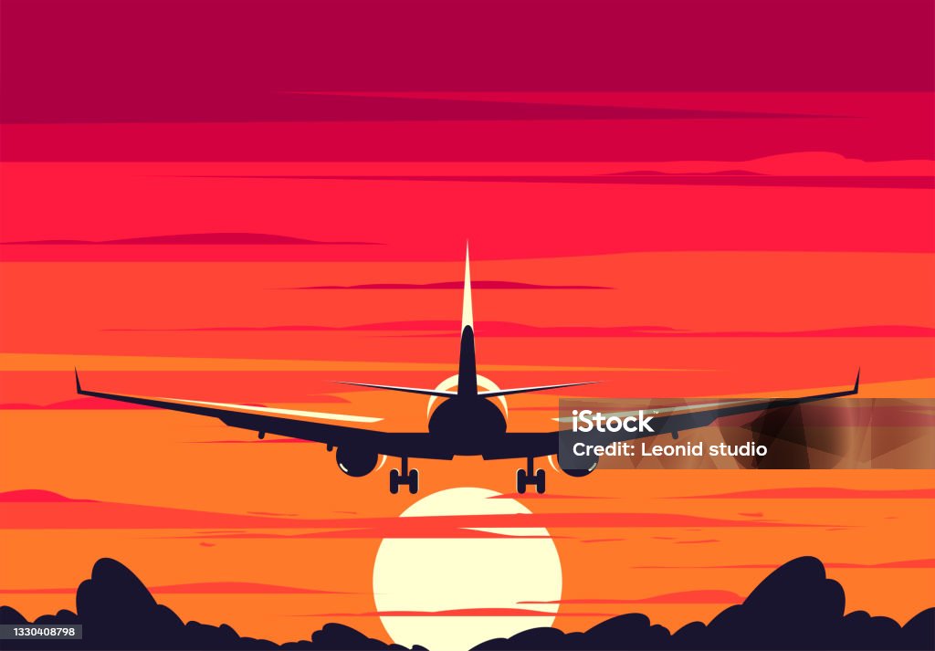 Plane Taking Off Rear View Vector Illustration Of A Plane Taking Off Rear View Against A Sunset ...