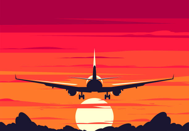 Vector illustration of a plane taking off, rear view, against a sunset background Vector illustration of a plane taking off, rear view, against a sunset background airplane silhouette commercial airplane shipping stock illustrations